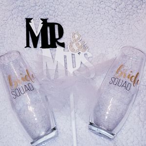 4 Stemless Bridal Champagne Flutes, "Bride Squad"